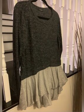 Eclipse Charcoal Knit Top with Striped Ruffle Hem